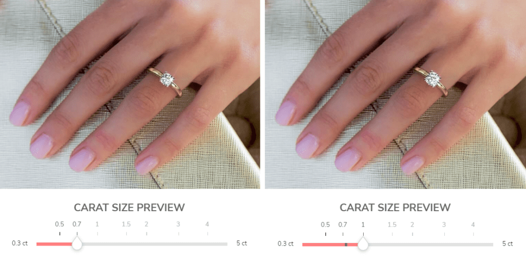 3/4 carat vs. 1 carat diamond on a hand