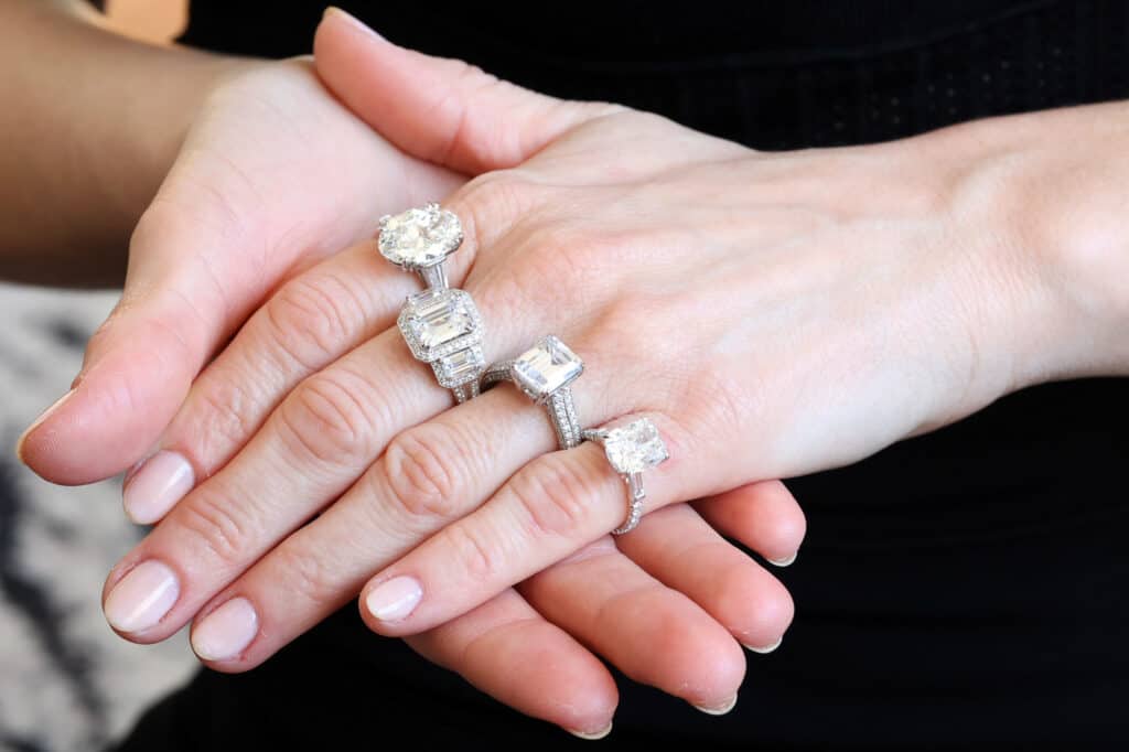 various diamond shape and setting style rings created by Abe Mor