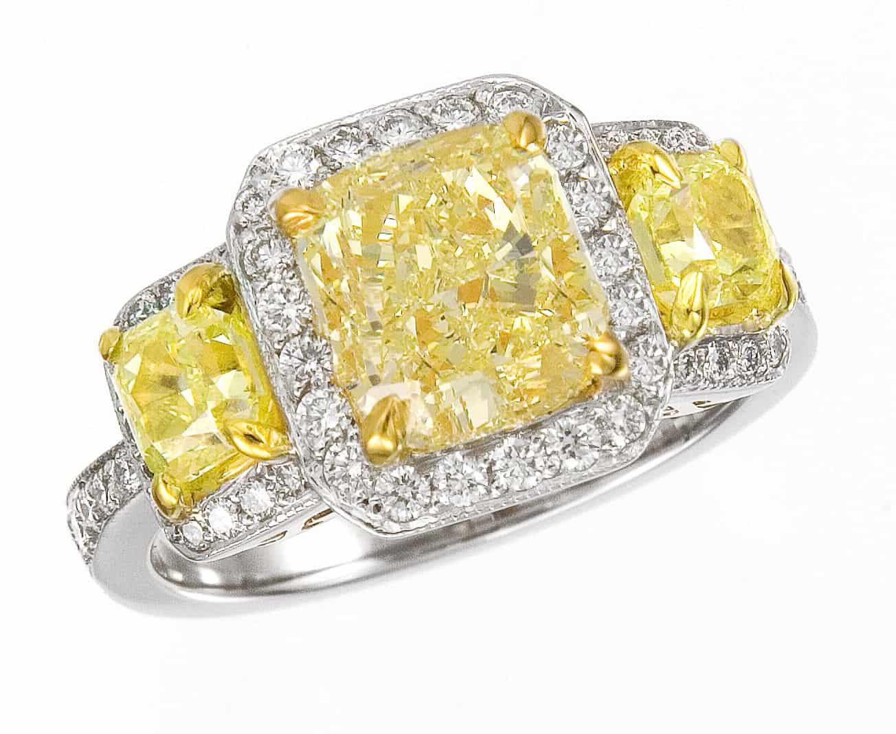 Three-stone yellow diaond halo ring