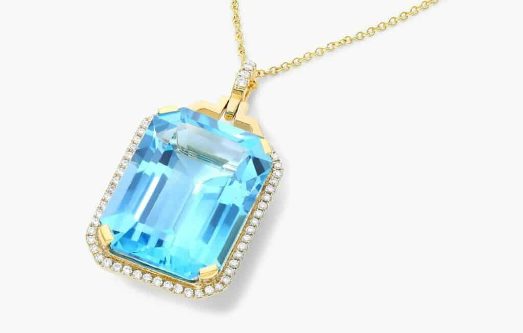 Emerald cut blue Topaz and Diamond necklace
