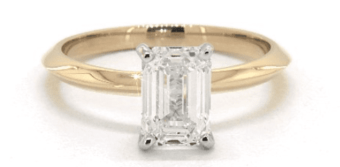 yellow gold solitaire setting with a 1.50ct emerald cut diamond