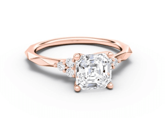Unconventional rose gold setting with faceted band and an asscher center diamond