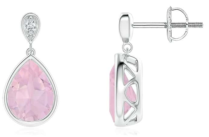Bezel-Set Rose Quartz Teardrop Earrings with Diamond