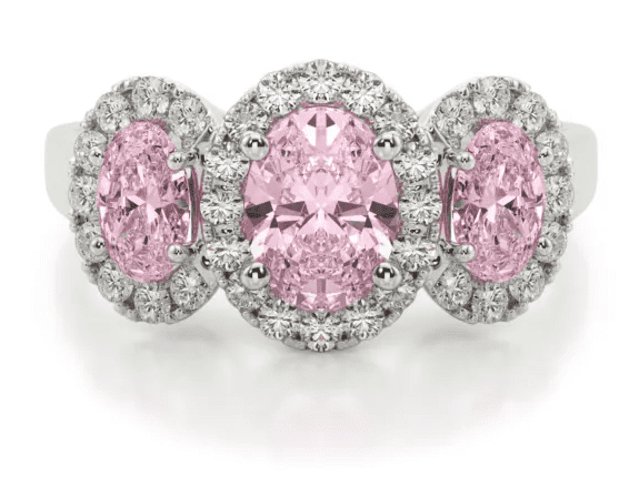 Three stone pink oval halo ring
