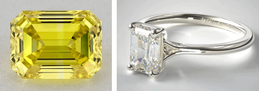emerald cut fancy vivid yellow diamond in a solitaire ring 