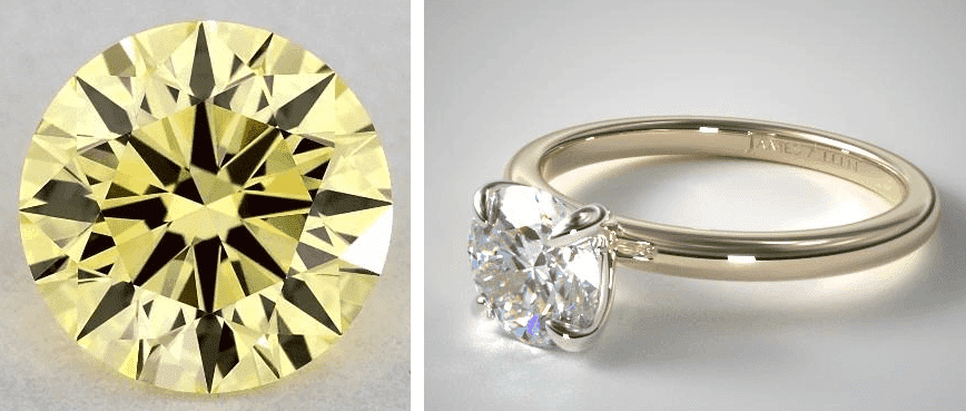 round cut fancy vivid yellow diamond in a yellow gold ring