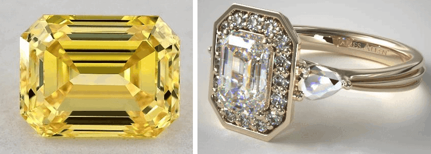 emerald cut yellow diamond in a vintage ring