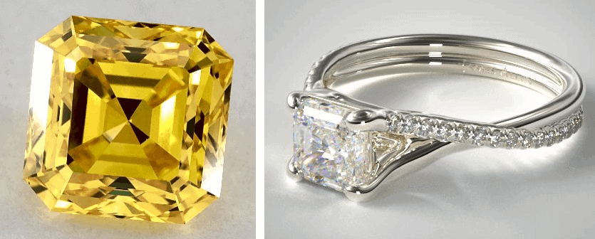asscher cut yellow diamond in a twisted pave ring
